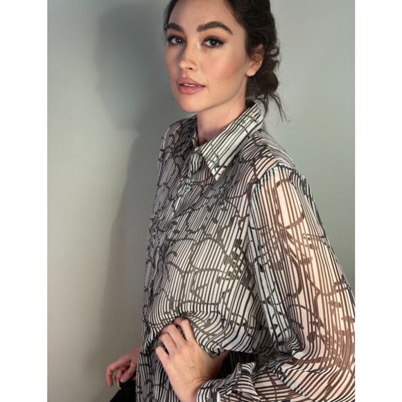 Vintage Impressions Graphic Black White Floral Stripe Blouse Sheer Y2K 90s ~Sz M - Picture 1 of 8